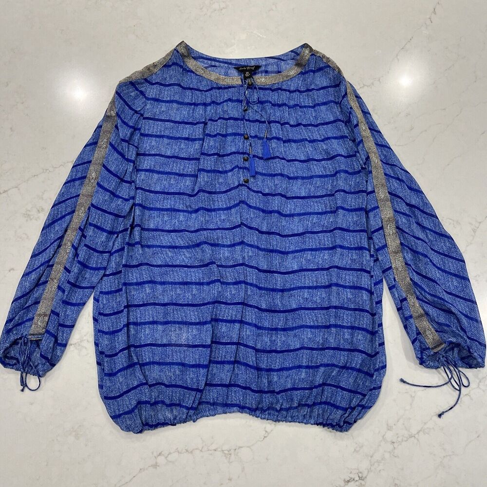Lucky Brand Top Womens Sz 2X Sheer Boho Peasant Balloon Sleeves Blue Beaded